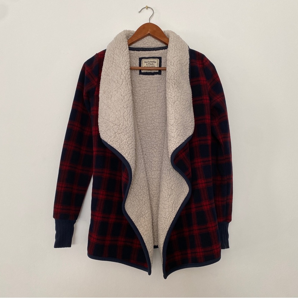 Abercrombie & Fitch Sherpa Lined Plaid Open Cardigan Jacket Red Navy XS